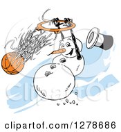 Poster, Art Print Of Winter Snowman Slam Dunking A Basketball Over Blue Streaks