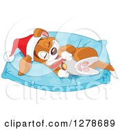 Cute Happy Christmas Puppy Dog Wearing A Santa Hat And Resting On A Comfortable Pillow
