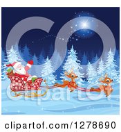 Poster, Art Print Of Christmas Santa Claus And Cute Reindeer Running A Sleigh Through A Magic Winter Night Landscape