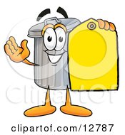 Garbage Can Mascot Cartoon Character Holding A Yellow Sales Price Tag