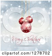 Clipart Of A Fancy Merry Christmas Greeting With Red 3d Suspended Baubles On Blue Snowflakes And Bokeh Royalty Free Vector Illustration