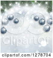 Clipart Of A Blue Christmas Background Of 3d Suspended Ornaments On Branches Over Snowflakes And Bokeh Royalty Free Vector Illustration