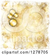 Poster, Art Print Of Gold Christmas Background Of 3d Suspended Ornaments Bokeh Stars And White Snowflake Borders