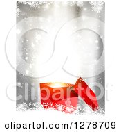 Poster, Art Print Of 3d Red Christmas Gift Box With Surprise Lights Over Bokeh And Snowflakes