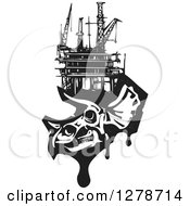 Black And White Woodcut Apatosaurus Or Brontosaurus Dinosaur Skeleton With An Oil Rig On Its Head