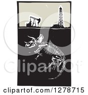 Woodcut Apatosaurus Or Brontosaurus Dinosaur Skeleton Under An Oil Well And Pumpjack