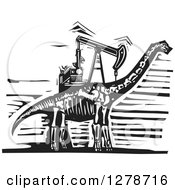 Black And White Woodcut Apatosaurus Or Brontosaurus Dinosaur Skeleton With An Oil Well Pumpjack On Its Back