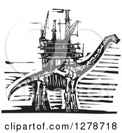 Black And White Woodcut Apatosaurus Or Brontosaurus Dinosaur Skeleton With An Oil Rig On Its Back