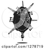 Clipart Of A Black And White Woodcut Curled Up Velociraptor Dinosaur Skeleton In A Dripping Egg With Oil Wells Pumpjacks And Rigs Royalty Free Vector Illustration