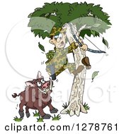Boar Chasing A Scared Male Hunter Into A Tree