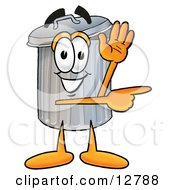 Garbage Can Mascot Cartoon Character Waving And Pointing