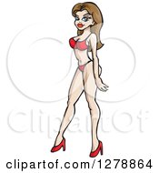 Clipart Of A Brunette White Woman Walking In A Red Bikini And Heels Royalty Free Vector Illustration by Dennis Holmes Designs