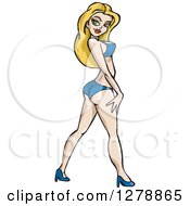 Blond White Woman Walking In A Blue Bikini And Heels