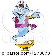 Clipart Of A Happy Genie Waving And Floating Over A Lamp Royalty Free Vector Illustration by Dennis Holmes Designs