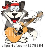 Poster, Art Print Of Happy Border Collie Dog Playing An Acoustic Guitar