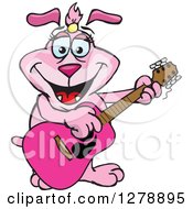 Poster, Art Print Of Happy Pink Dog Playing An Acoustic Guitar