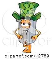 Garbage Can Mascot Cartoon Character Wearing A Saint Patricks Day Hat With A Clover On It