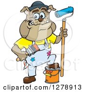 Poster, Art Print Of Happy Brown Bulldog Painter Holding Brushes And Resting A Foot On A Bucket
