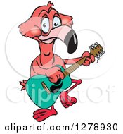 Poster, Art Print Of Happy Pink Flamingo Playing An Acoustic Guitar