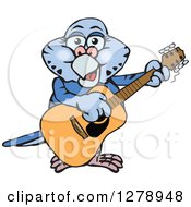 Poster, Art Print Of Happy Dark Blue Budgie Parakeet Bird Playing An Acoustic Guitar