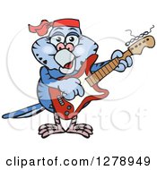 Happy Dark Blue Budgie Parakeet Bird Playing An Electric Guitar