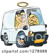 Poster, Art Print Of Blond White Male Cupid Waving And Driving A Delivery Van