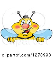 Poster, Art Print Of Happy Bee Peeking And Smiling Over A Sign