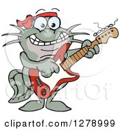Clipart Of A Happy Black Catfish Playing An Electric Guitar Royalty Free Vector Illustration