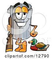 Garbage Can Mascot Cartoon Character Duck Hunting Standing With A Rifle And Duck