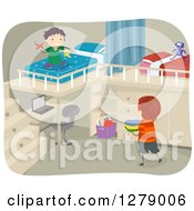 Poster, Art Print Of Boys Playing In A Bedroom With A Desk And Loft Beds