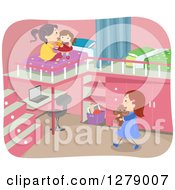 Poster, Art Print Of Sisters Playing In A Bedroom With A Desk And Loft Beds
