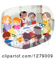Poster, Art Print Of Happy Children And Parents Or Teachers Doing Paper Crafts