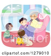 Clipart Of A Happy Granny Reading A Story Book To A Dog And Children Royalty Free Vector Illustration