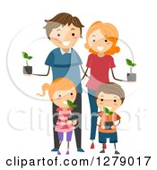 Poster, Art Print Of Happy Caucasian Family Holding Seedling Plants