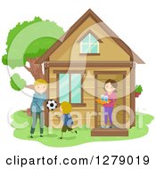 Poster, Art Print Of Happy Mom Bring Water To Her Son And His Father While They Play Soccer In The Yard