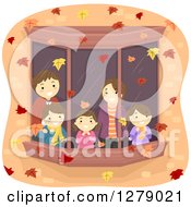 Clipart Of A Happy Caucasian Family Watching Autumn Leaves Falling Through A Window Royalty Free Vector Illustration