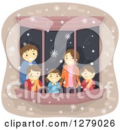 Happy Caucasian Family Watching Snow Through A Window
