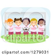 Poster, Art Print Of Girls Soccer Team Posing In Front Of A Goal Net