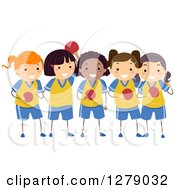 Clipart Of A Girls Ping Pong Table Tennis Team Holding Paddles Royalty Free Vector Illustration