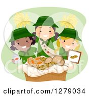 Clipart Of Happy Scout Girls Selling Cookies And Cheering Royalty Free Vector Illustration