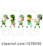 Line Of Happy Scout Girls Carrying Plants And Tools