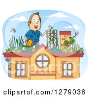 Poster, Art Print Of Cartoon Brunette White Man Watering Plants In A Roof Top Garden