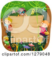 Poster, Art Print Of Happy Children Climbing And Swinging On Vines With Letters And Numbers Around A Blank Jungle Sign