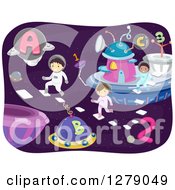 Clipart Of Happy Space Children Playing In An Alphabet And Number City Royalty Free Vector Illustration
