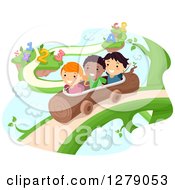 Happy Students Riding A Log On A Fantasy Vine With Numbers And Alphabet Letters