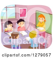 Poster, Art Print Of Happy Students And A Teacher Reading And Taking Notes In Class