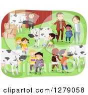 Poster, Art Print Of Happy Students And Teachers At A Dairy Farm Field Trip With Cows At A Barn