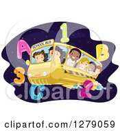 Poster, Art Print Of Happy Students Flying On A Bus Through Outer Space With Numbers And Letters