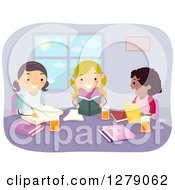 Poster, Art Print Of Happy School Girls Reading And Studying Together
