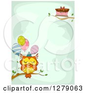 Poster, Art Print Of Cute Birthday Owl With A Cake And Balloons On Branches Around Text Space